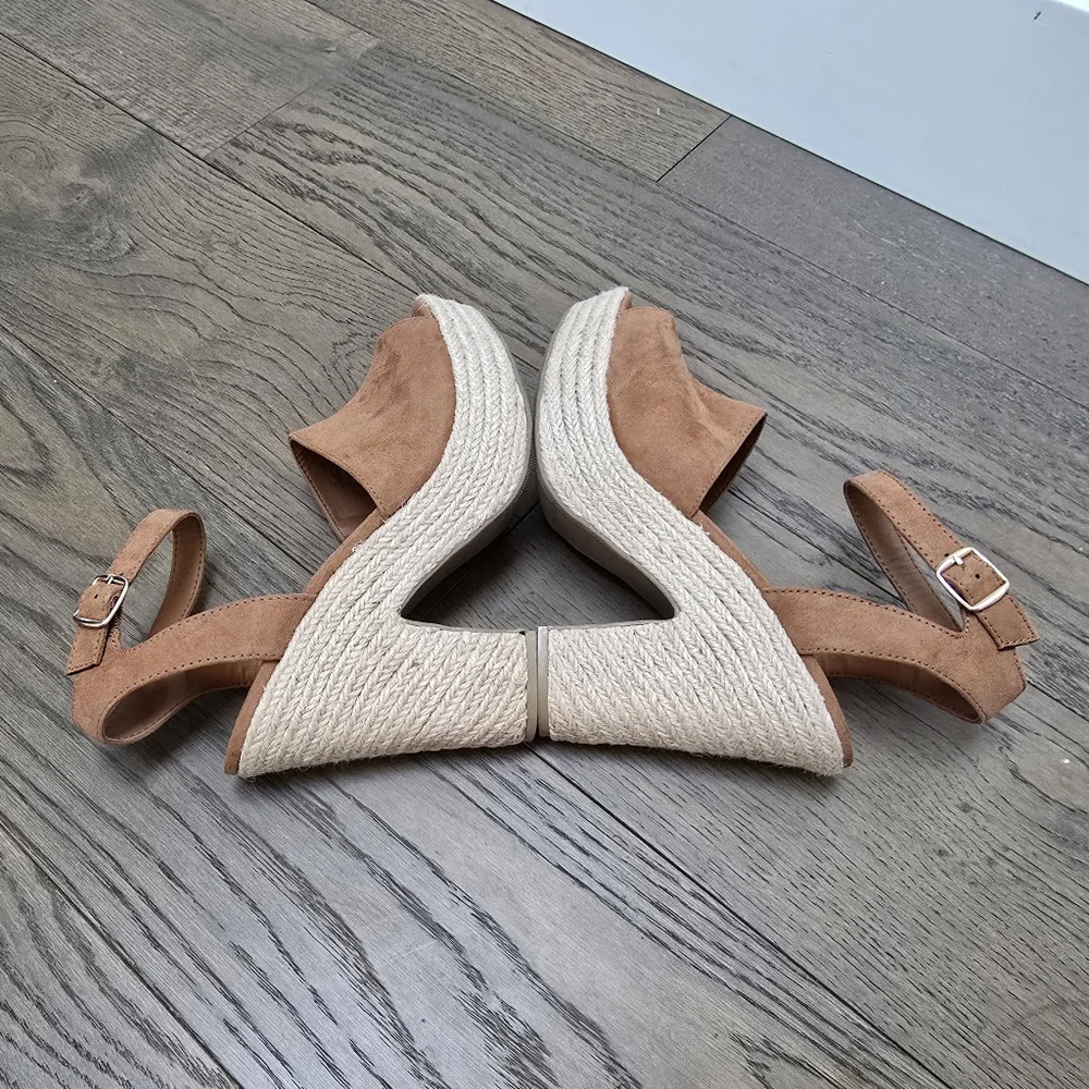 Sun + Stone Fey Platform Ankle Strap Espadrille Block Heel Sandal in Cognac